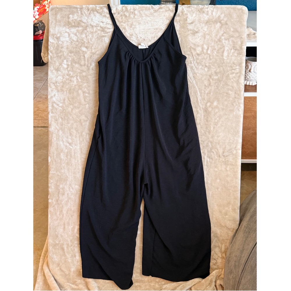 See You Monday Black Wide Leg Jumpsuit Womens Large Spaghetti Strap Pockets SZ L - Picture 2 of 8